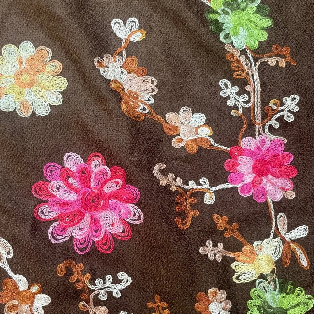 Brown Embroidered Floral Scarf Shawl Wrap Fringe Women's‎ Fashion Accessory